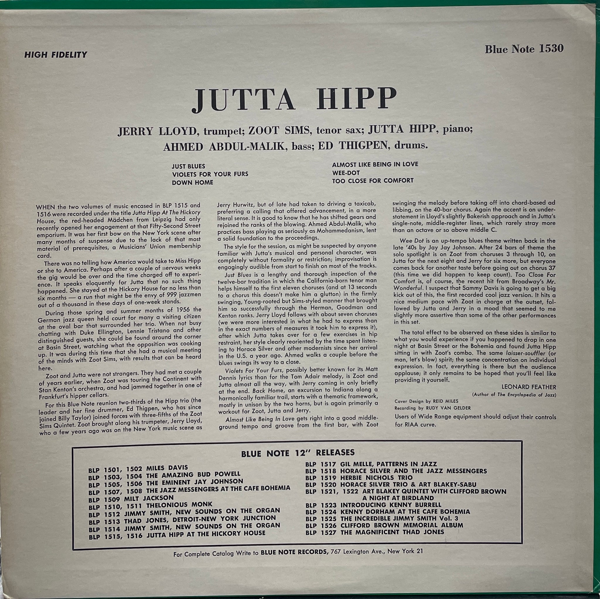 JUTTA HIPP / Jutta Hipp With Zoot Sims ( Blue Note – BLP 1530